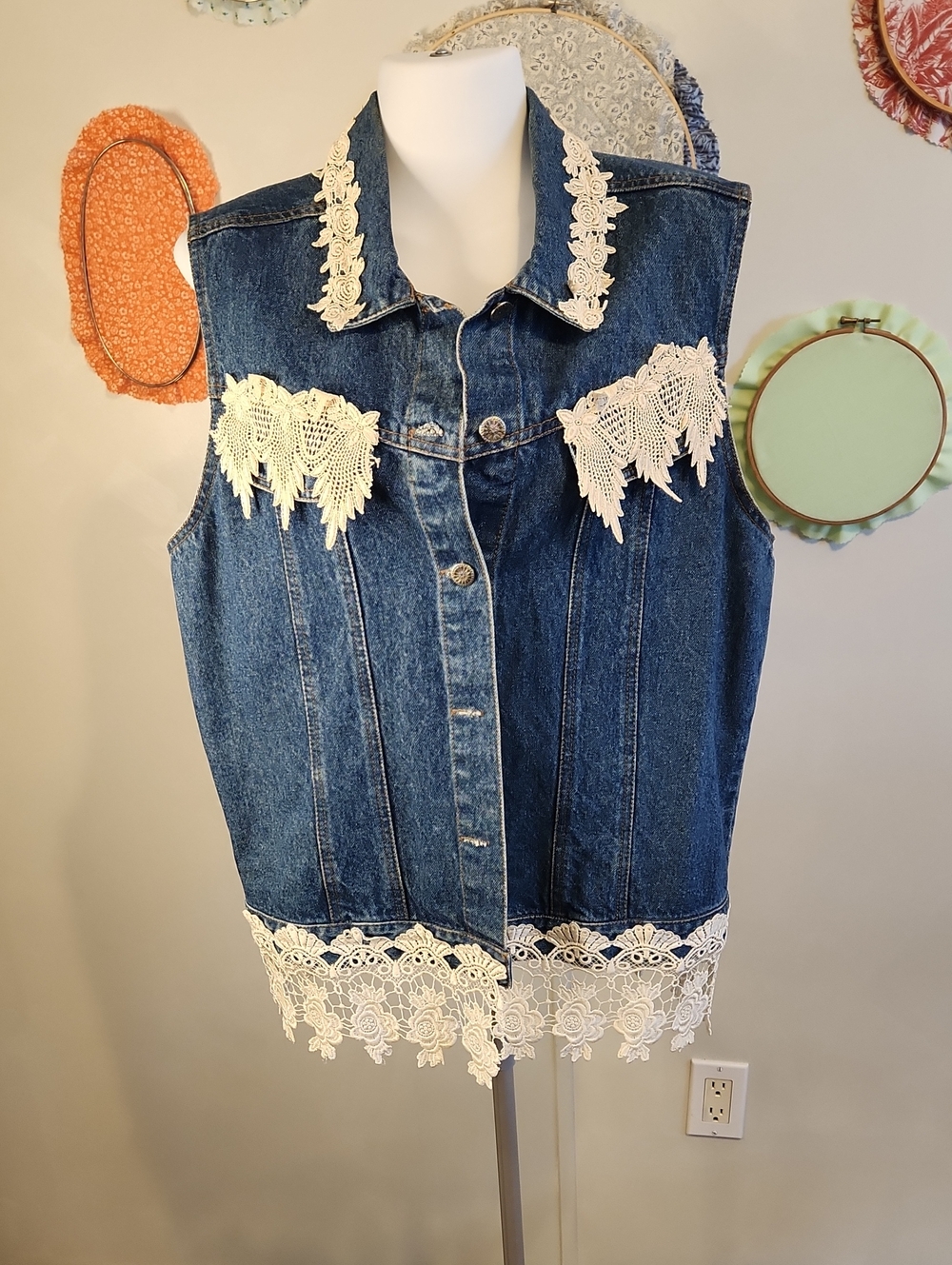 Denim Vest with Ivory Lace Trim